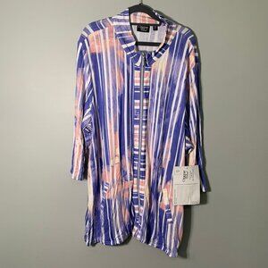 NEW Onque Casual Cardigan Womens 3X Blue Orange Striped Zip Up Mock Neck Pockets